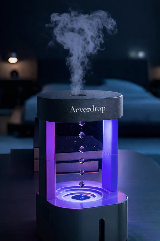 Aeverdrop anti gravity humidifier with ambient colored lighting by Lumaveil