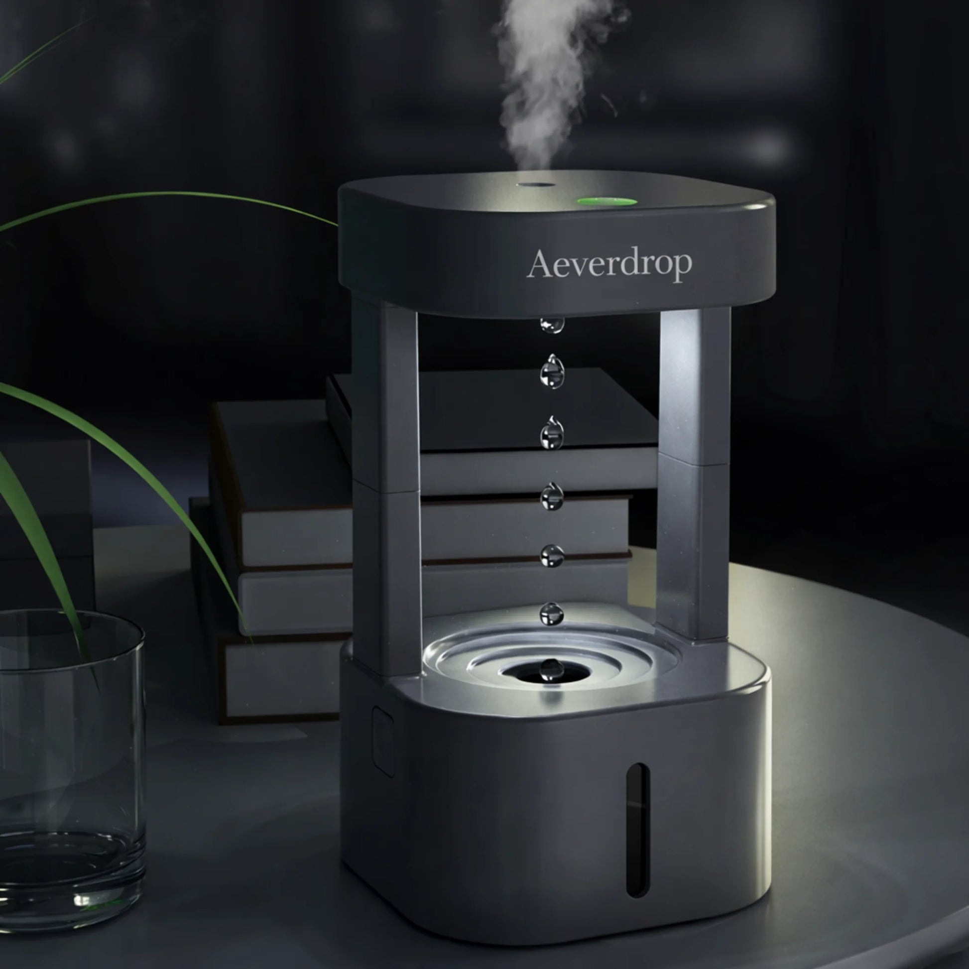 Aeverdrop anti gravity humidifier with ambient lighting on bedside table by Lumaveil