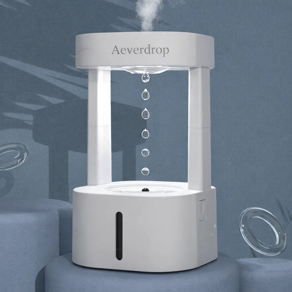 Aeverdrop anti gravity humidifier in white minimalist design with floating water effect by Lumaveil