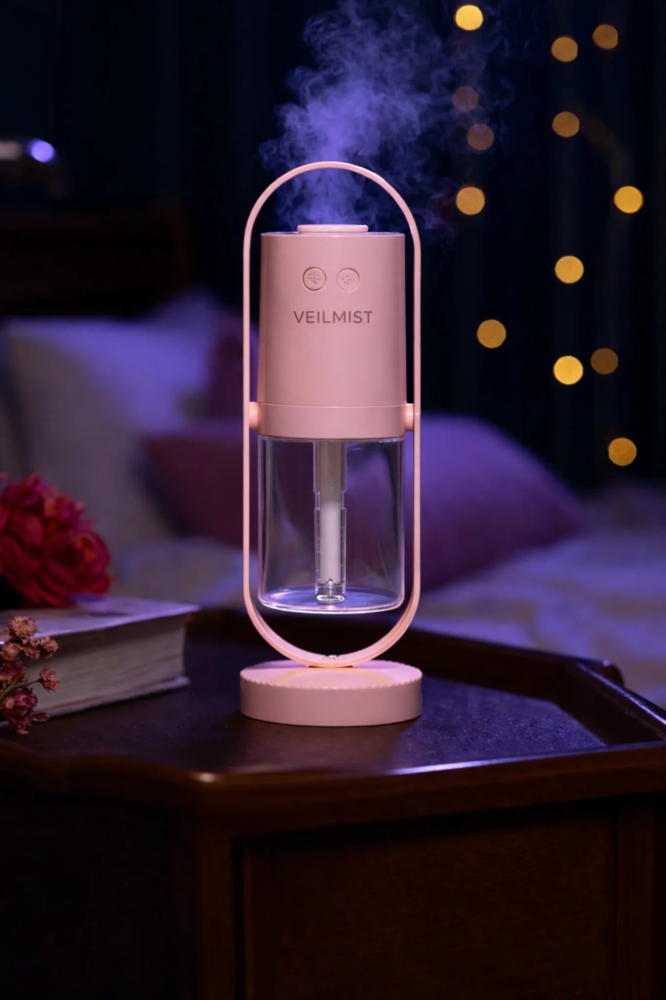 Lumaveil Veilmist aesthetic humidifier with soft ambient mist lighting in blush pink
